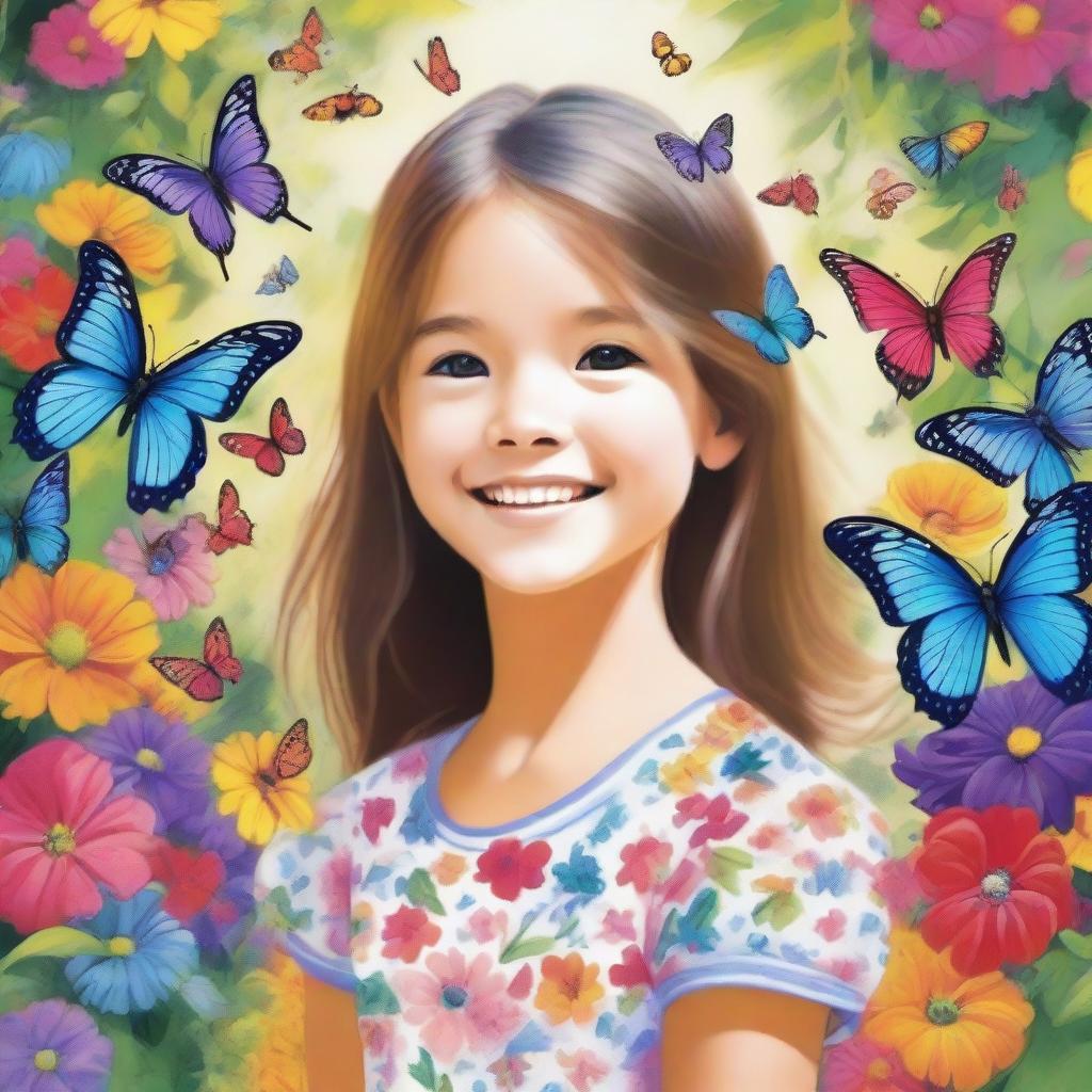 A detailed and vibrant image of a young girl with a joyful expression, standing in a beautiful garden filled with colorful flowers and butterflies