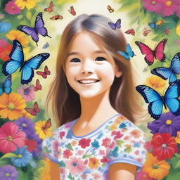 A detailed and vibrant image of a young girl with a joyful expression, standing in a beautiful garden filled with colorful flowers and butterflies