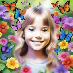 A detailed and vibrant image of a young girl with a joyful expression, standing in a beautiful garden filled with colorful flowers and butterflies