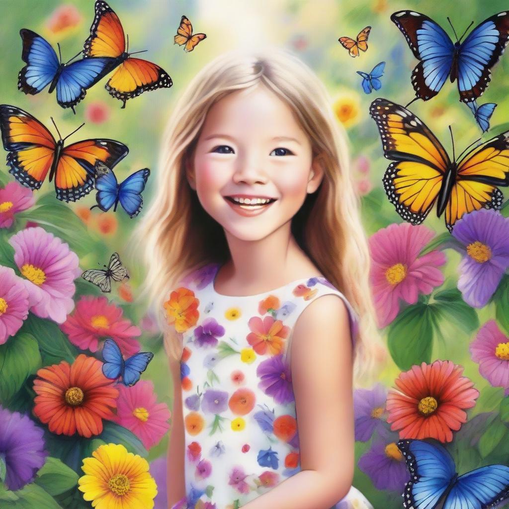 A detailed and vibrant image of a young girl with a joyful expression, standing in a beautiful garden filled with colorful flowers and butterflies