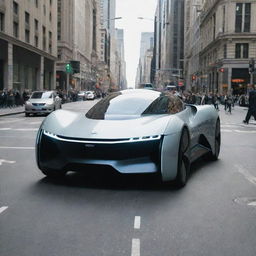 A futuristic car driving on a bustling city street, with pedestrians nearby.