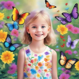 A detailed and vibrant image of a young girl with a joyful expression, standing in a beautiful garden filled with colorful flowers and butterflies