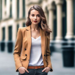 A beautiful young woman with striking features, dressed in stylish and trendy clothing, standing confidently in a modern urban setting