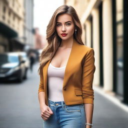 A beautiful young woman with striking features, dressed in stylish and trendy clothing, standing confidently in a modern urban setting