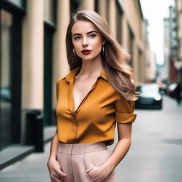 A beautiful young woman with striking features, dressed in stylish and trendy clothing, standing confidently in a modern urban setting