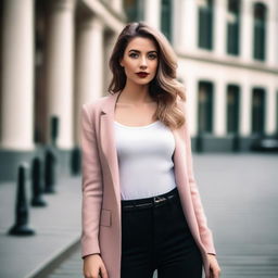 A beautiful young woman with striking features, dressed in stylish and trendy clothing, standing confidently in a modern urban setting