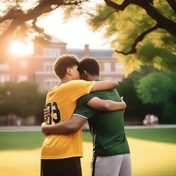 A serene summer evening on a university campus, with two young males in sports jerseys hugging each other warmly