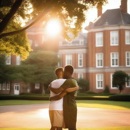 A serene summer evening on a university campus, with two young males in sports jerseys hugging each other warmly