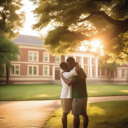 A serene summer evening on a university campus, with two young males in sports jerseys hugging each other warmly