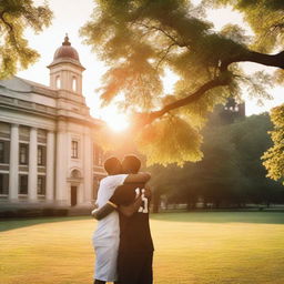 A serene summer evening on a university campus, with two young males in sports jerseys hugging each other warmly