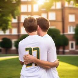 A serene summer evening on a university campus, with two white young males in sports jerseys hugging each other warmly