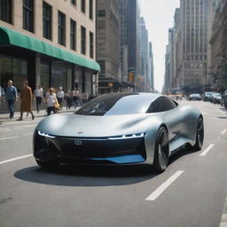 A futuristic car driving on a bustling city street, with pedestrians nearby.