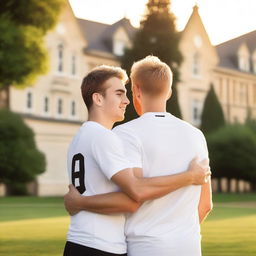 A serene summer evening on a university campus, with two white young males in sports jerseys hugging each other warmly