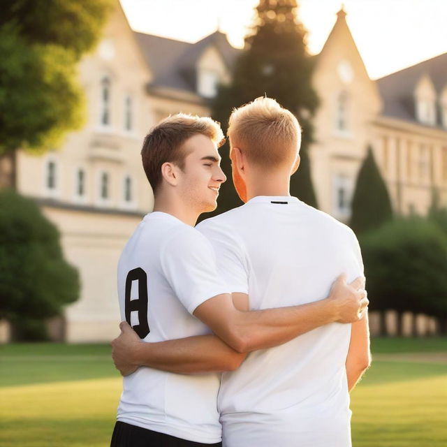 A serene summer evening on a university campus, with two white young males in sports jerseys hugging each other warmly