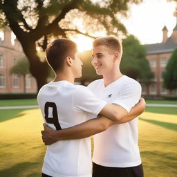 A serene summer evening on a university campus, with two white young males in sports jerseys hugging each other warmly