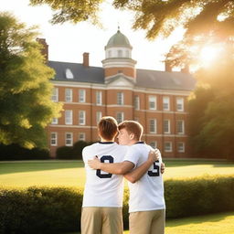 A serene summer evening on a university campus, with two white young males in sports jerseys hugging each other warmly