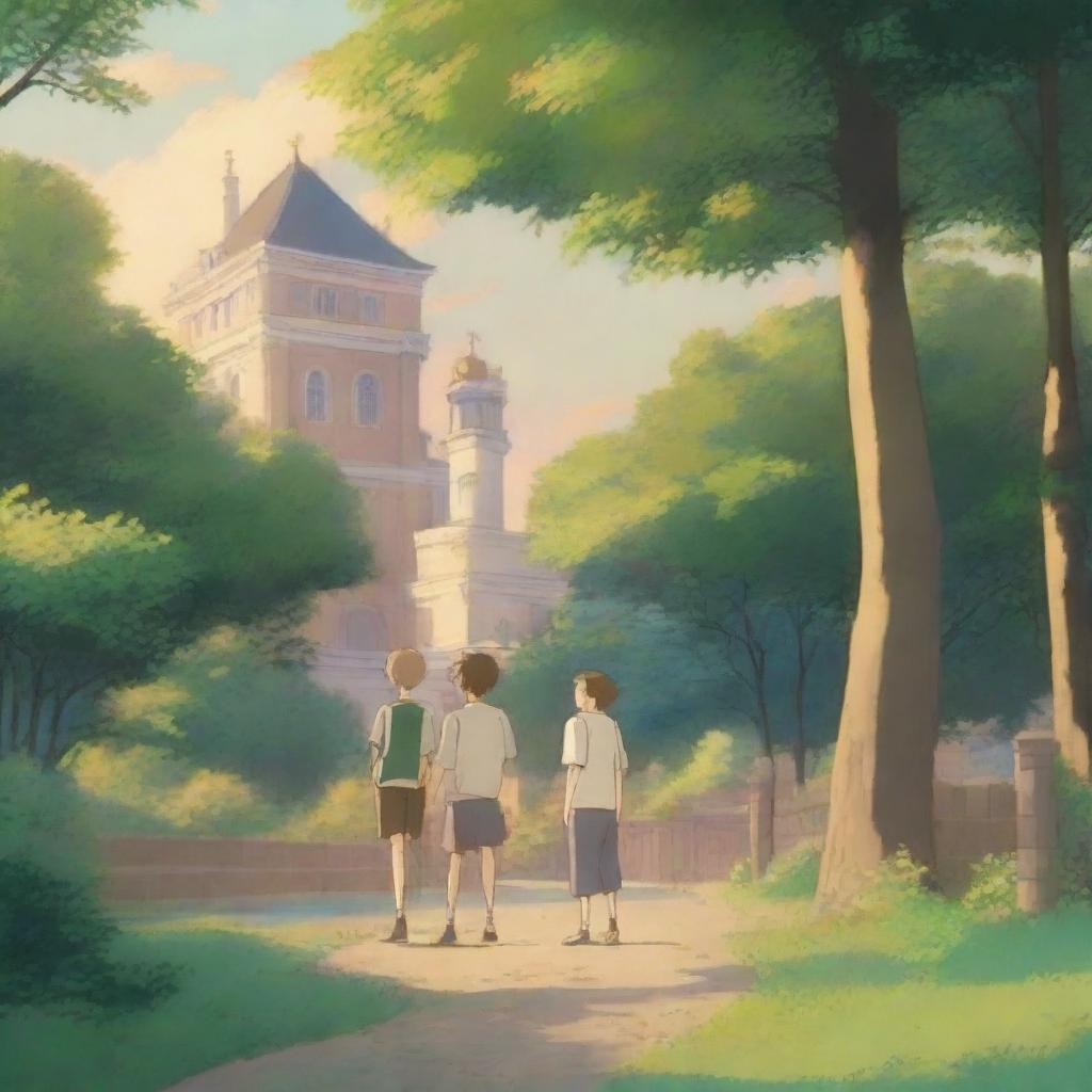 A serene summer evening on a university campus, with two white young males in sports jerseys standing next to each other in anime style