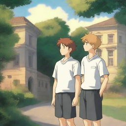 A serene summer evening on a university campus, with two white young males in sports jerseys standing next to each other in anime style