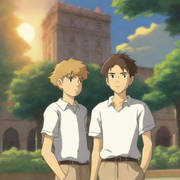 A serene summer evening on a university campus, with two white young males in sports jerseys standing next to each other in anime style