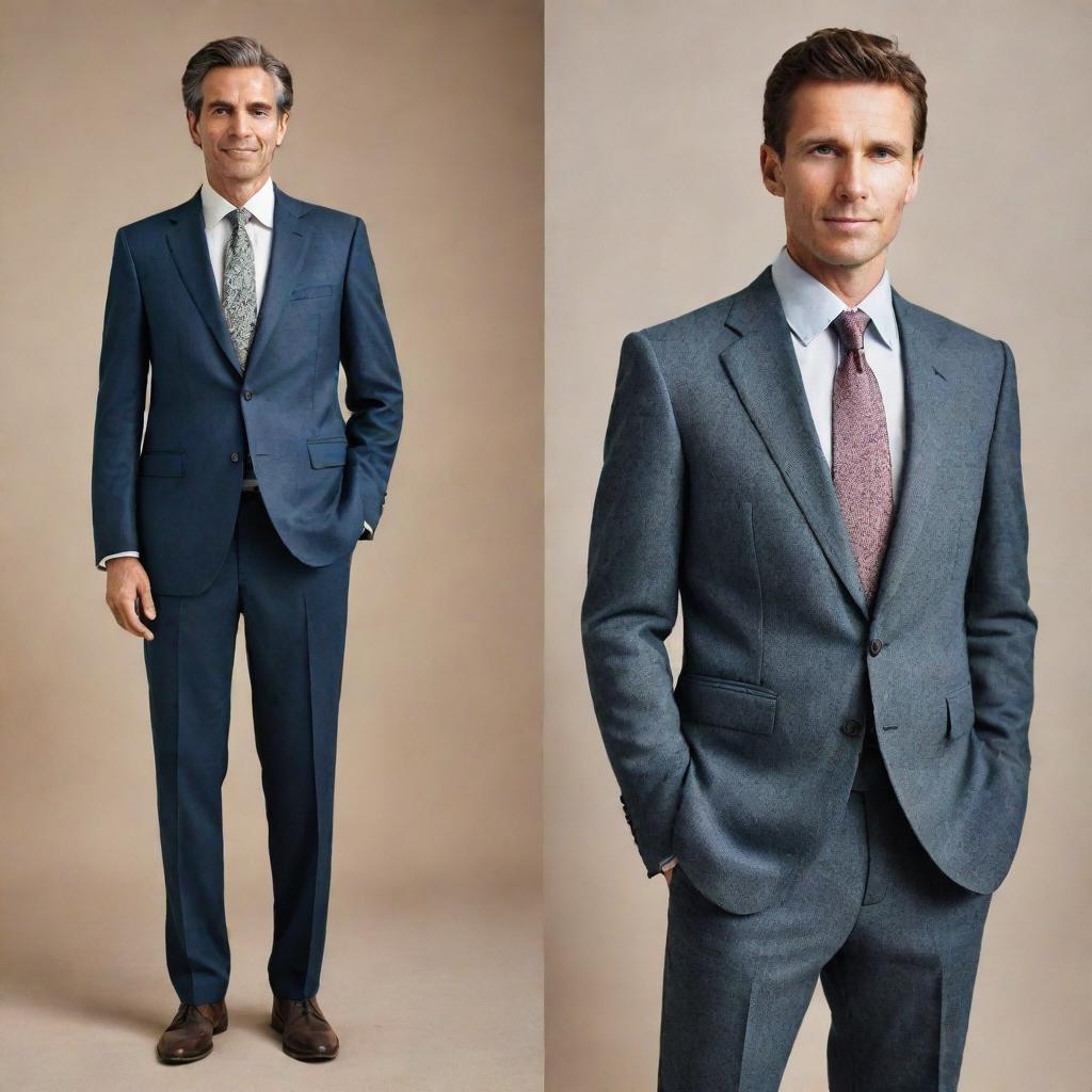 Generate an image showing a transformation: on one side, a man in simple, worn-out clothes representing poverty, and on the other, the same man elegantly dressed in a suit, symbolizing wealth and success.