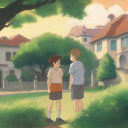 A serene summer evening on a university campus, with two young males in sports jerseys hugging each other warmly in anime style