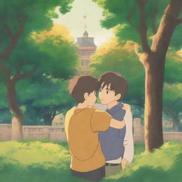 A serene summer evening on a university campus, with two young males in sports jerseys hugging each other warmly in anime style