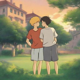 A serene summer evening on a university campus, with two young males in sports jerseys hugging each other warmly in anime style