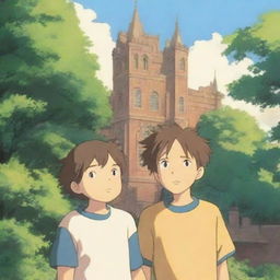 A serene summer evening on a university campus, with two young males in sports jerseys hugging each other warmly in anime style