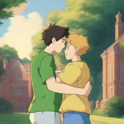 A serene summer evening on a university campus, with two muscular young males in sports jerseys hugging each other warmly in anime style