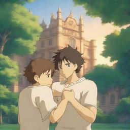 A serene summer evening on a university campus, with two muscular young males in sports jerseys hugging each other warmly in anime style