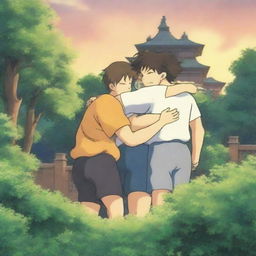 A serene summer evening on a university campus, with two muscular young males in sports jerseys hugging each other warmly in anime style