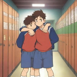 Two muscular male students in sports jerseys hugging each other warmly in anime style