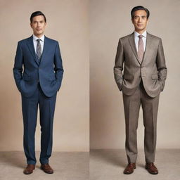 Generate an image showing a transformation: on one side, a man in simple, worn-out clothes representing poverty, and on the other, the same man elegantly dressed in a suit, symbolizing wealth and success.