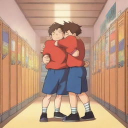 Two muscular male students in sports jerseys hugging each other warmly in anime style