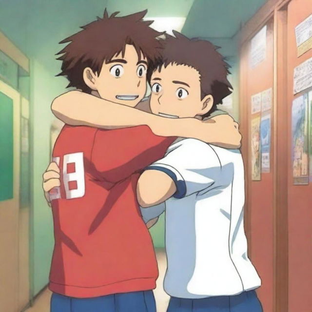 Two muscular male students in sports jerseys hugging each other warmly in anime style