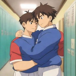 Two muscular male students in sports jerseys hugging each other warmly in anime style