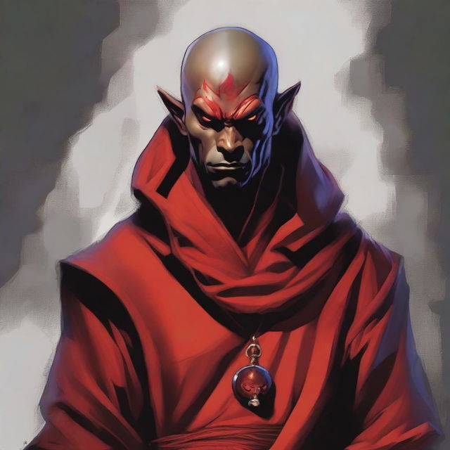 A detailed portrait of a Dungeons & Dragons Way of Shadows monk with red imp features