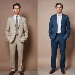 Generate an image showing a transformation: on one side, a man in simple, worn-out clothes representing poverty, and on the other, the same man elegantly dressed in a suit, symbolizing wealth and success.