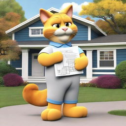 Garfield the cat standing in front of a newly remodeled house, showing off the improvements with a proud expression