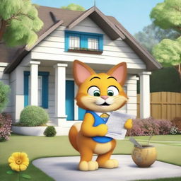 Garfield the cat standing in front of a newly remodeled house, showing off the improvements with a proud expression