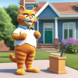 Garfield the cat standing in front of a newly remodeled house, showing off the improvements with a proud expression