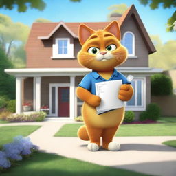 Garfield the cat standing in front of a newly remodeled house, showing off the improvements with a proud expression