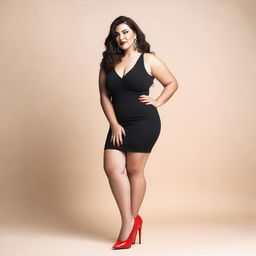 An adult curvy woman with red nails and wearing black high heels with peep toe