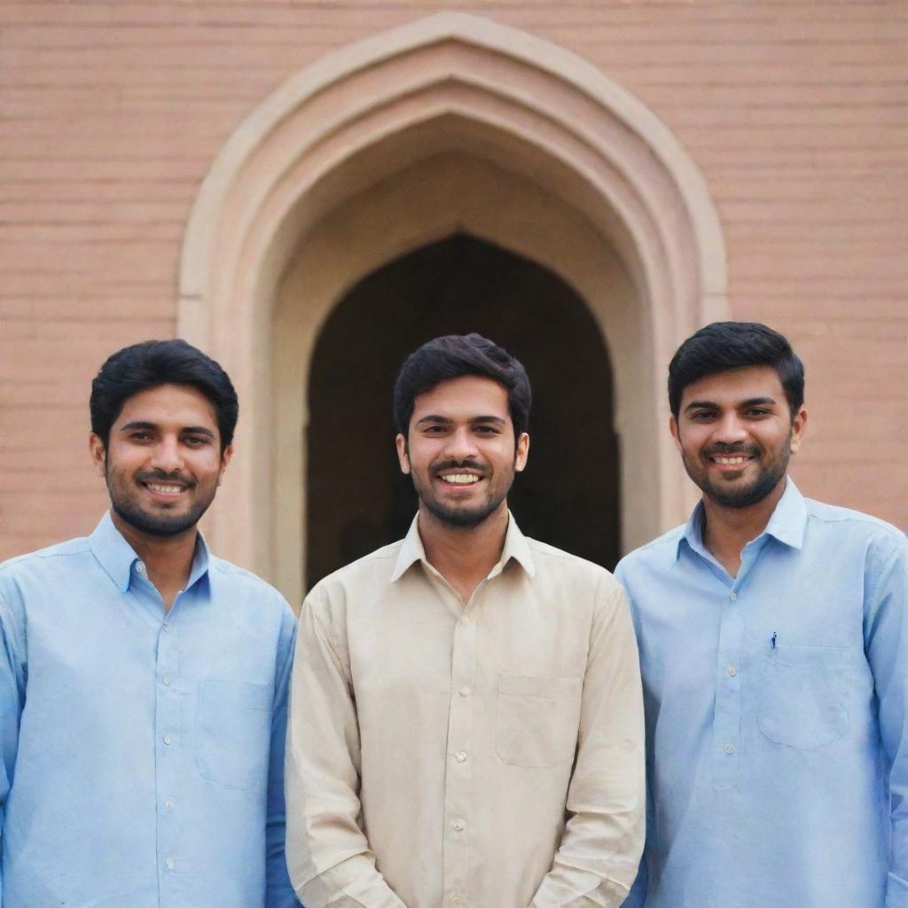 Four friends named Dilbar, SaQib, Naveed, Hasnain standing proudly in front of their alma mater, Sukkur IBA University. They are displaying a range of expressions indicative of close friendship and shared experiences.