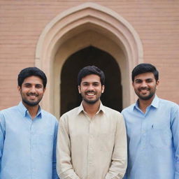 Four friends named Dilbar, SaQib, Naveed, Hasnain standing proudly in front of their alma mater, Sukkur IBA University. They are displaying a range of expressions indicative of close friendship and shared experiences.