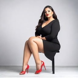 An adult curvy woman with red nails and wearing black high heels with peep toe