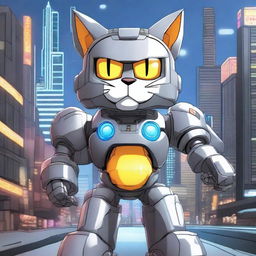 Garfield the cat transformed into a sleek, gray mecha robot