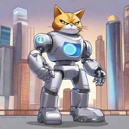 Garfield the cat transformed into a sleek, gray mecha robot