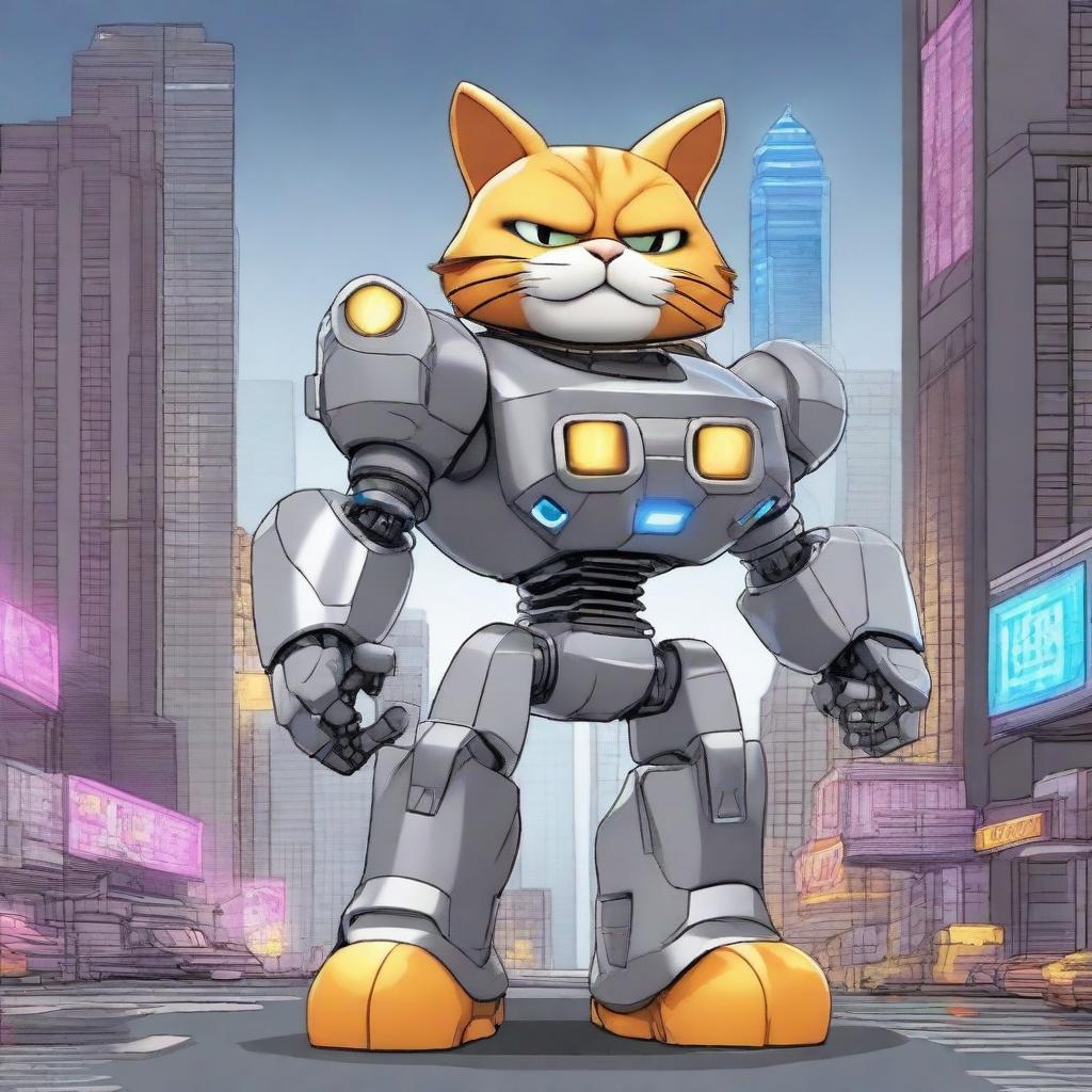 Garfield the cat transformed into a sleek, gray mecha robot