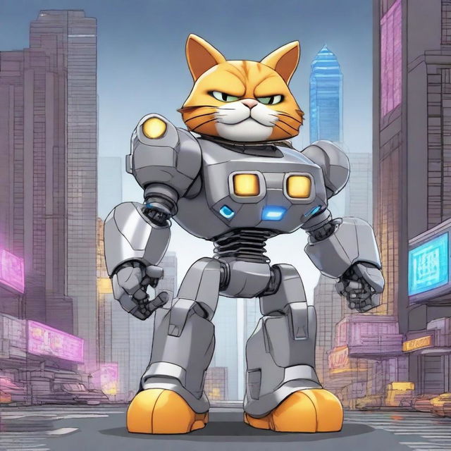 Garfield the cat transformed into a sleek, gray mecha robot